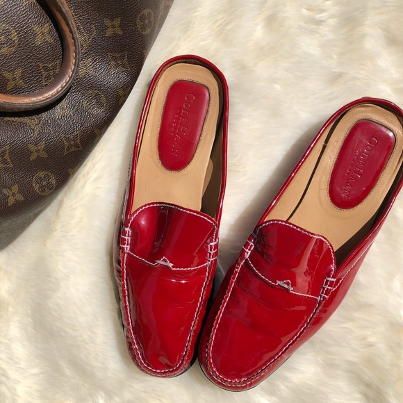 red patent leather mules
